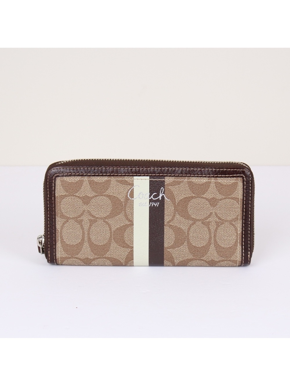 Coach Heritage Signature Stripe Accordion Zip Around Wallet Brown Tan Canvas